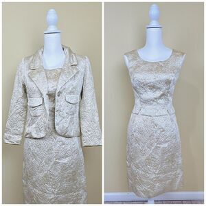 1960s Vintage Gold and Cream Brocade Suit / 60s Metallic Satin Jacket, XS